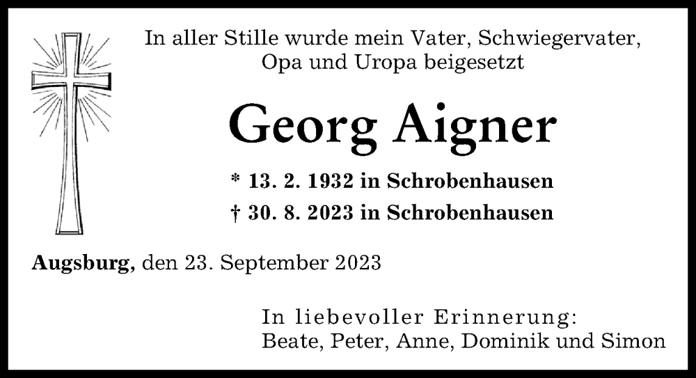  Traueranzeige für Georg Aigner vom 23.09.2023 aus Augsburger Allgemeine