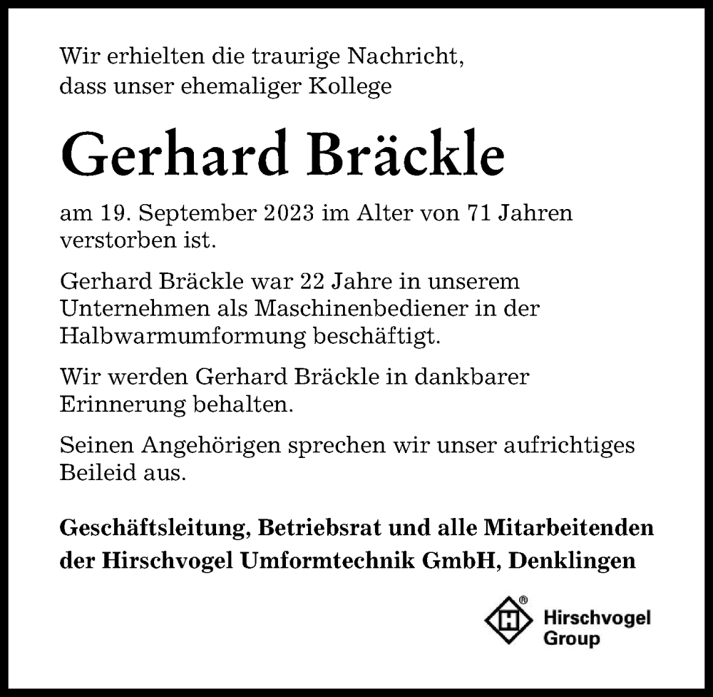  Traueranzeige für Gerhard Bräckle vom 30.09.2023 aus Landsberger Tagblatt