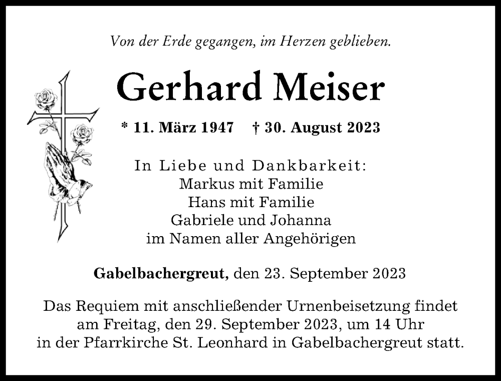  Traueranzeige für Gerhard Meiser vom 23.09.2023 aus Günzburger Zeitung, Augsburger Allgemeine