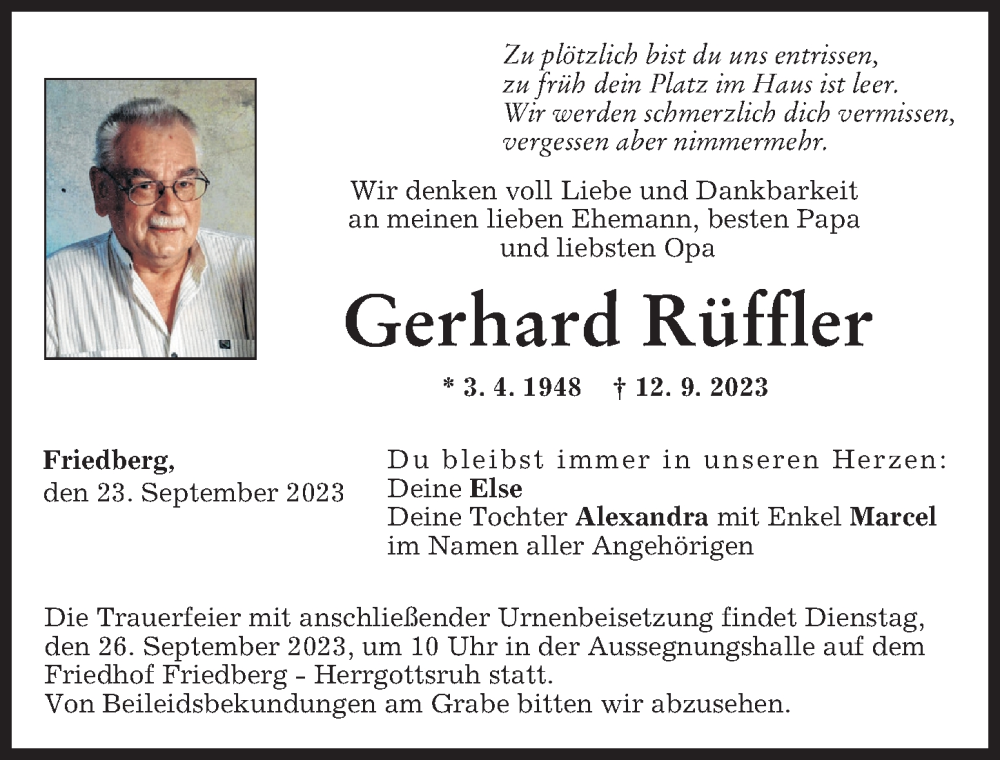 Traueranzeige von Gerhard Rüffler von Augsburger Allgemeine