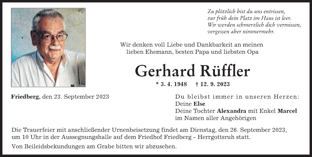 Traueranzeige von Gerhard Rüffler von Friedberger Allgemeine