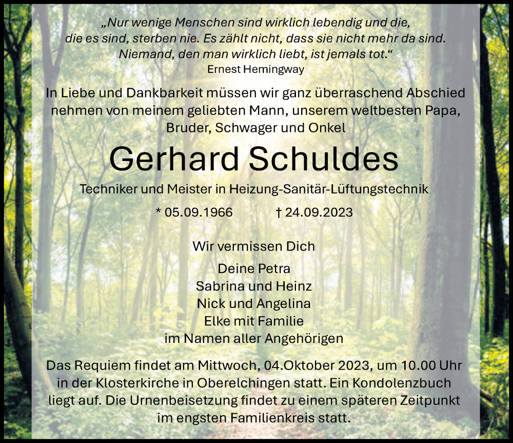  Traueranzeige für Gerhard Schuldes vom 30.09.2023 aus Günzburger Zeitung