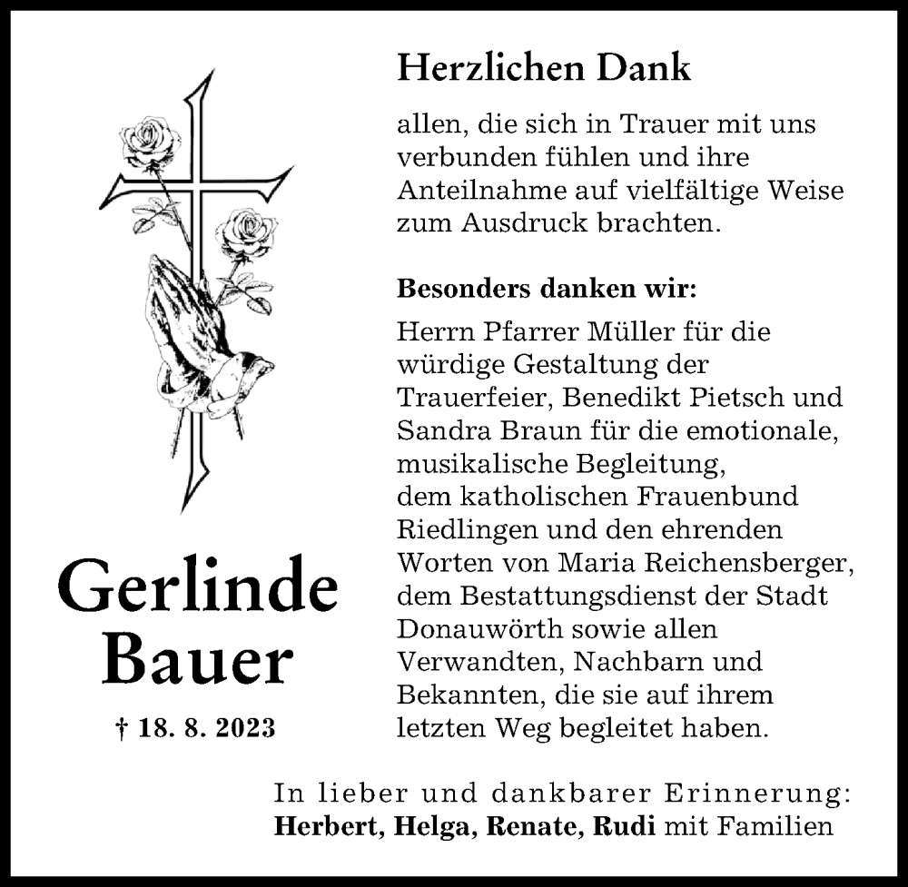 Traueranzeige von Gerlinde Bauer von Donauwörther Zeitung