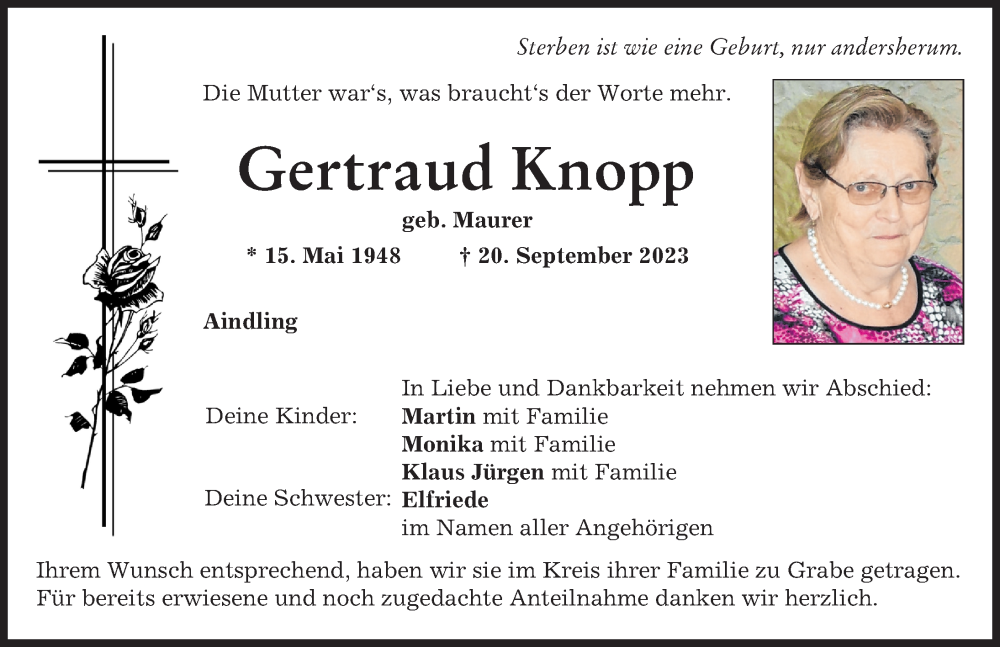  Traueranzeige für Gertraud Knopp vom 27.09.2023 aus Aichacher Nachrichten