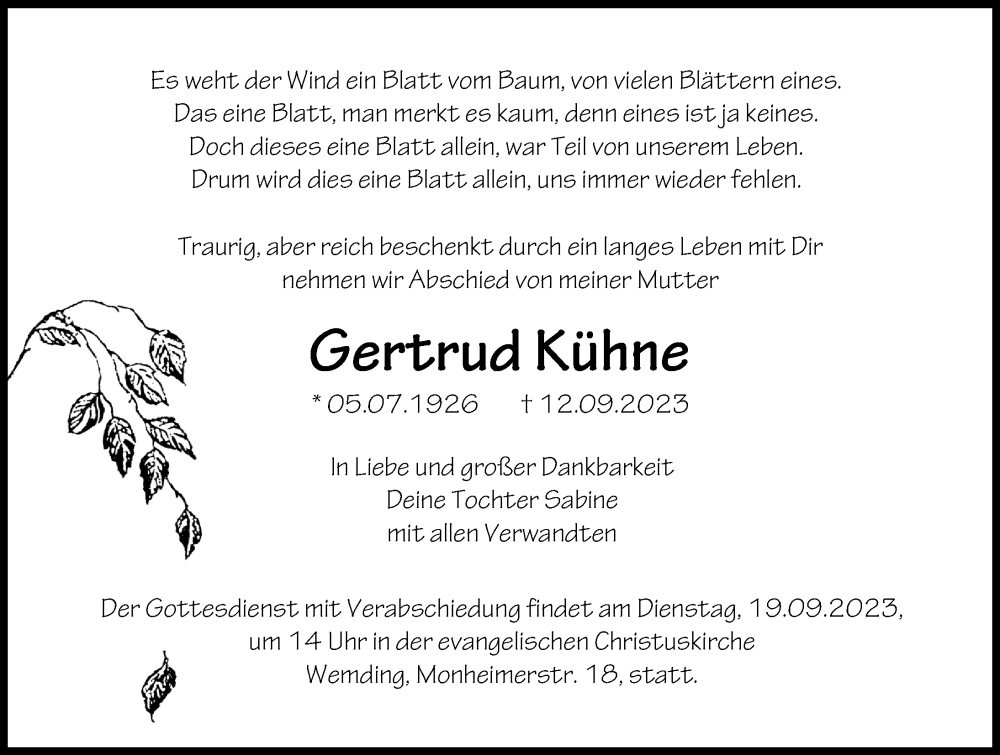 Traueranzeige von Gertrud Kühne von Rieser Nachrichten, Donauwörther Zeitung, Augsburger Allgemeine