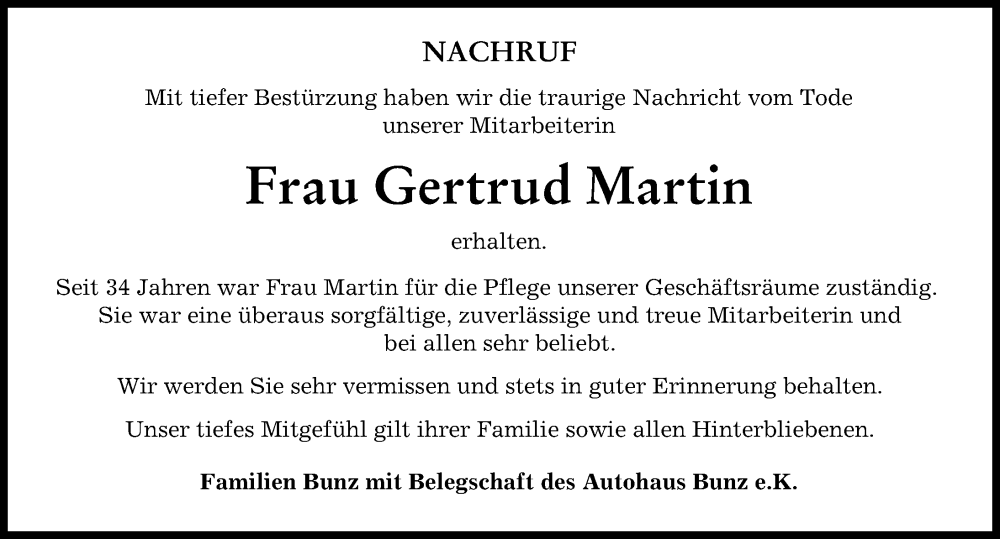 Traueranzeige von Gertrud Martin von Schwabmünchner Allgemeine