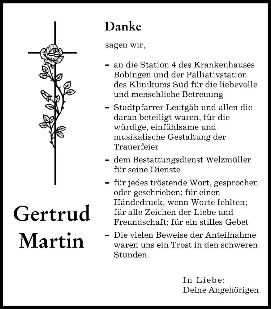 Traueranzeige von Gertrud Martin von Schwabmünchner Allgemeine