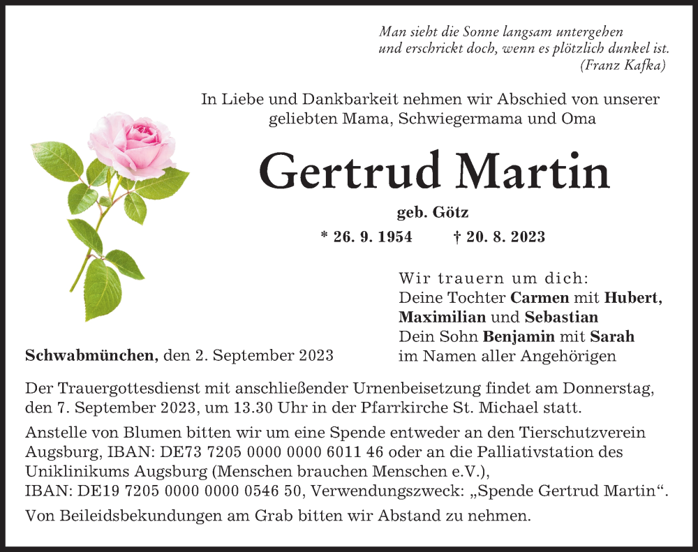 Traueranzeige von Gertrud Martin von Schwabmünchner Allgemeine