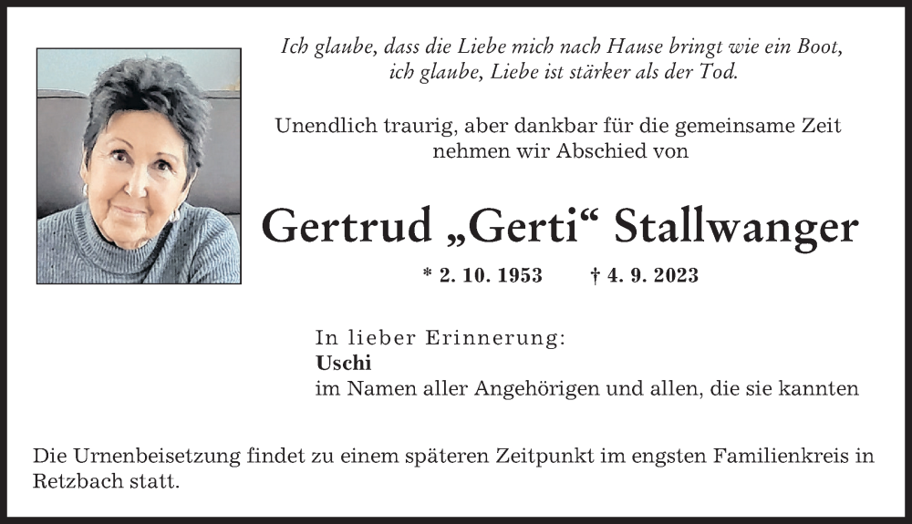  Traueranzeige für Gertrud Stallwanger vom 23.09.2023 aus Augsburger Allgemeine