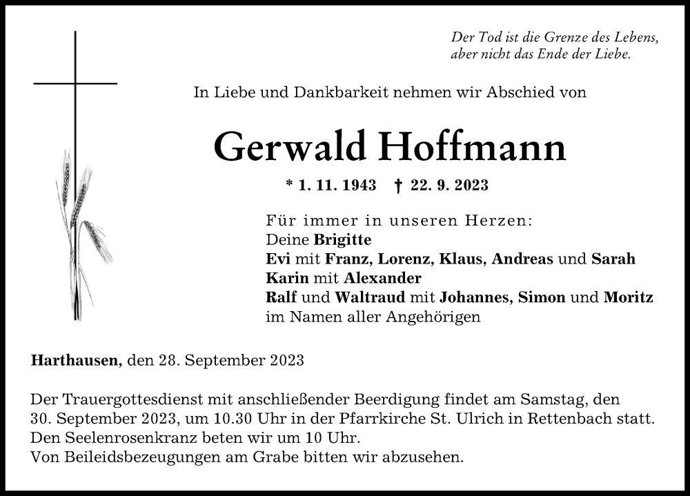  Traueranzeige für Gerwald Hoffmann vom 28.09.2023 aus Günzburger Zeitung