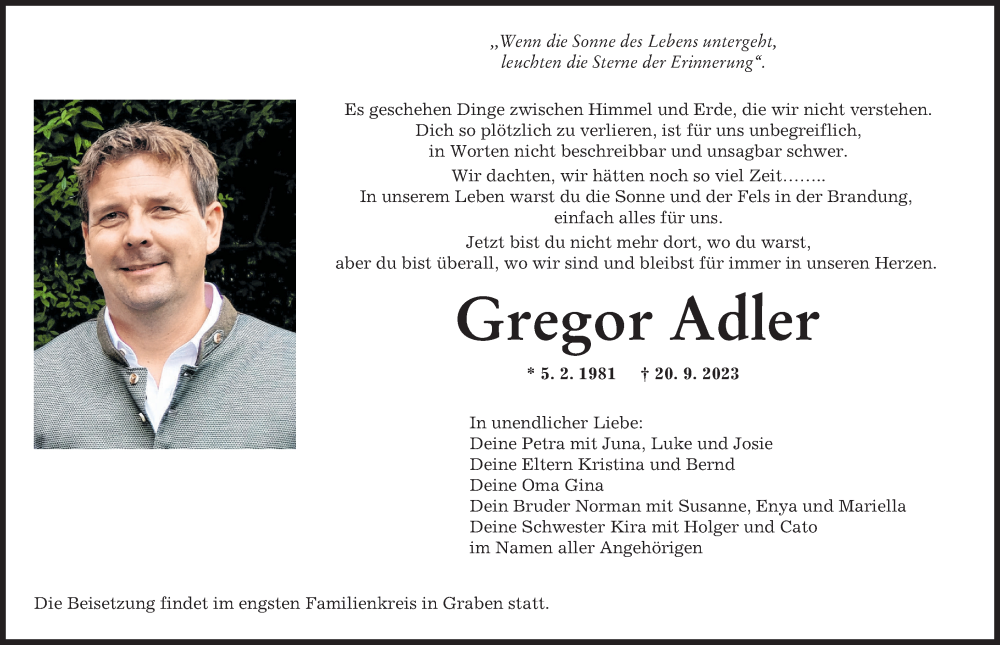  Traueranzeige für Gregor Adler vom 30.09.2023 aus Augsburger Allgemeine