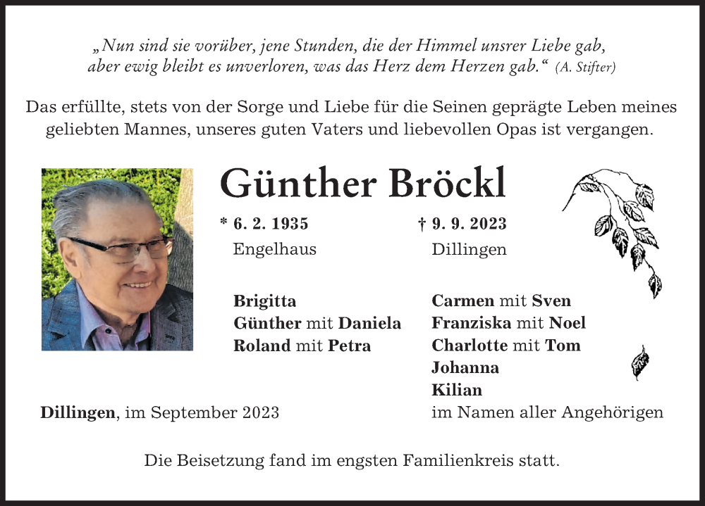 Traueranzeige von Günther Bröckl von Donau Zeitung