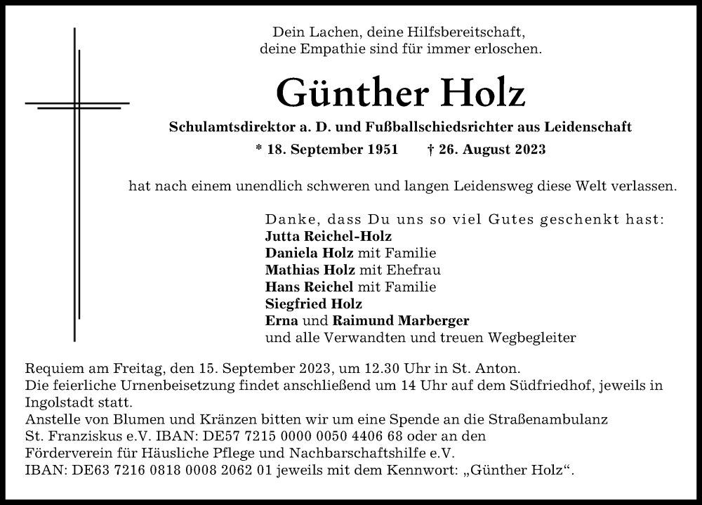  Traueranzeige für Günther Holz vom 09.09.2023 aus Donau Zeitung