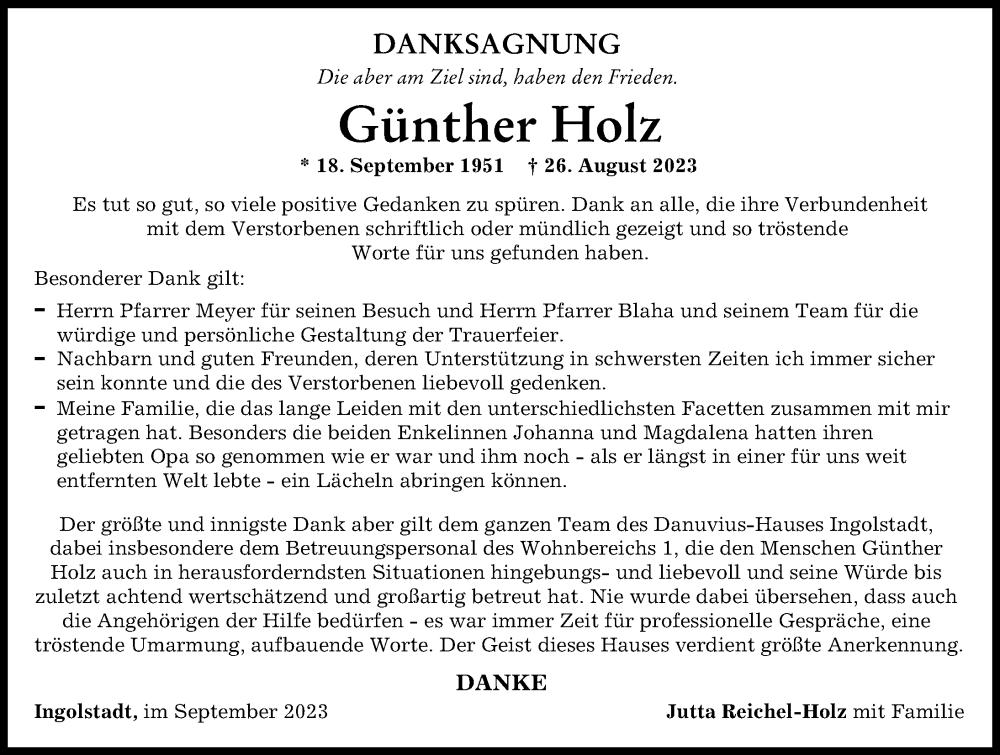  Traueranzeige für Günther Holz vom 23.09.2023 aus Donau Zeitung