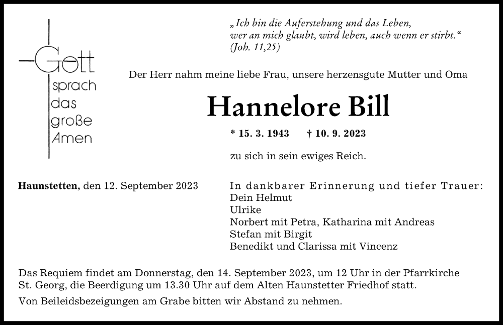 Traueranzeige von Hannelore Bill von Augsburger Allgemeine