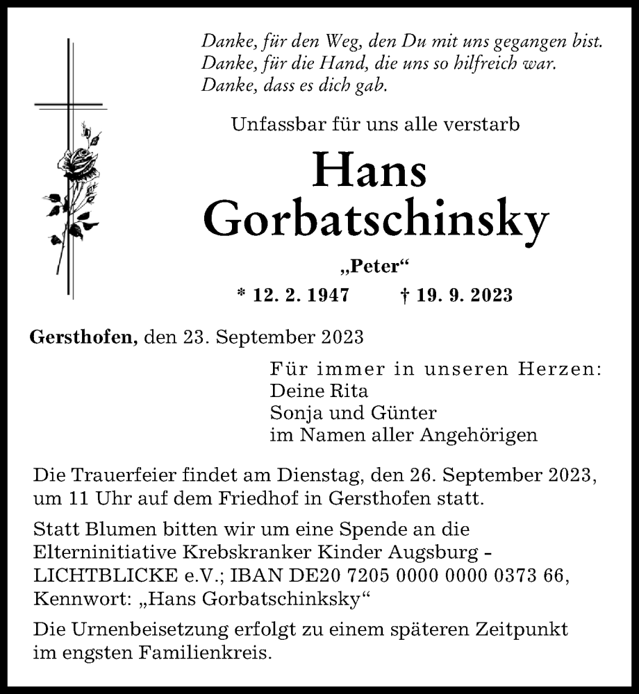 Traueranzeige von Hans Gorbatschinsky von Augsburger Allgemeine