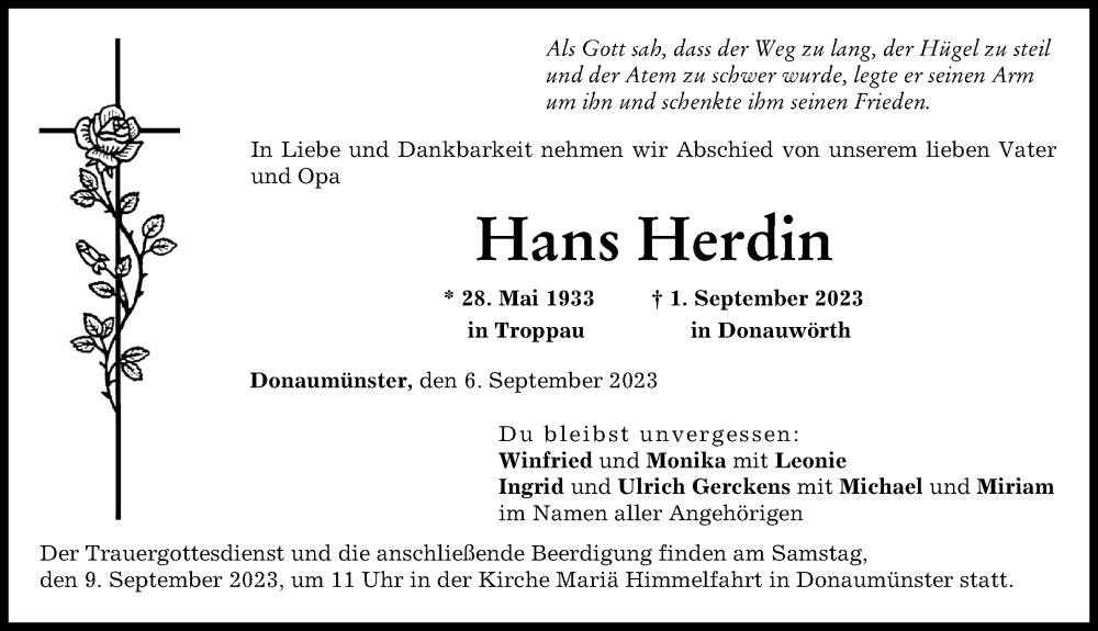 Traueranzeige von Hans Herdin von Donauwörther Zeitung