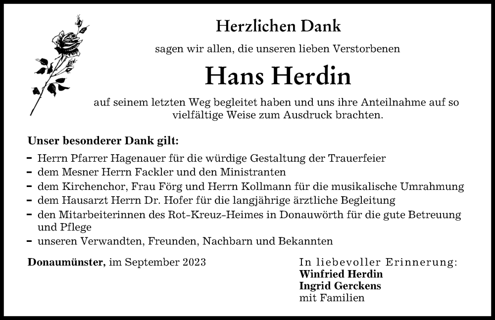 Traueranzeige von Hans Herdin von Donauwörther Zeitung