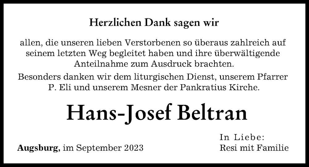 Traueranzeige von Hans-Josef Beltran von Augsburger Allgemeine