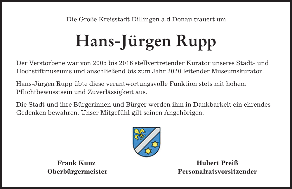  Traueranzeige für Hans-Jürgen Rupp vom 30.09.2023 aus Donau Zeitung