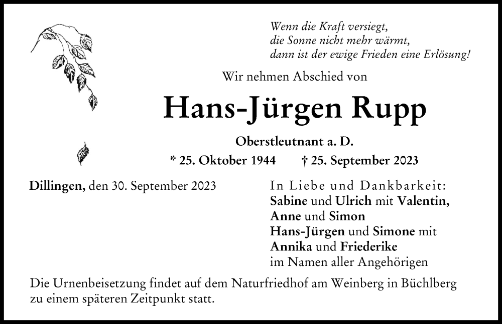  Traueranzeige für Hans-Jürgen Rupp vom 30.09.2023 aus Donau Zeitung