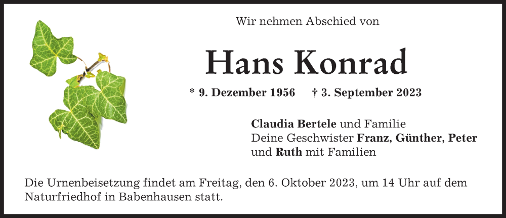  Traueranzeige für Hans Konrad vom 29.09.2023 aus Illertisser Zeitung
