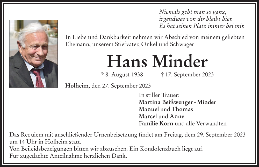  Traueranzeige für Hans Minder vom 27.09.2023 aus Rieser Nachrichten
