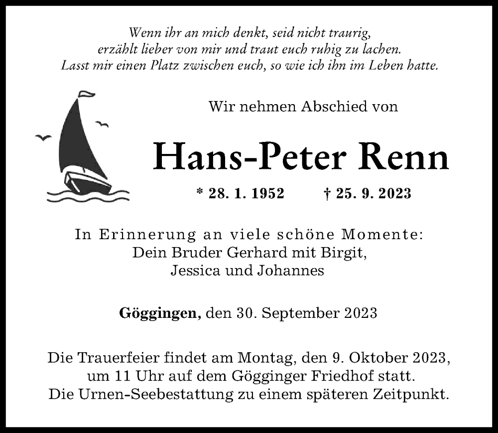  Traueranzeige für Hans-Peter Renn vom 30.09.2023 aus Augsburger Allgemeine