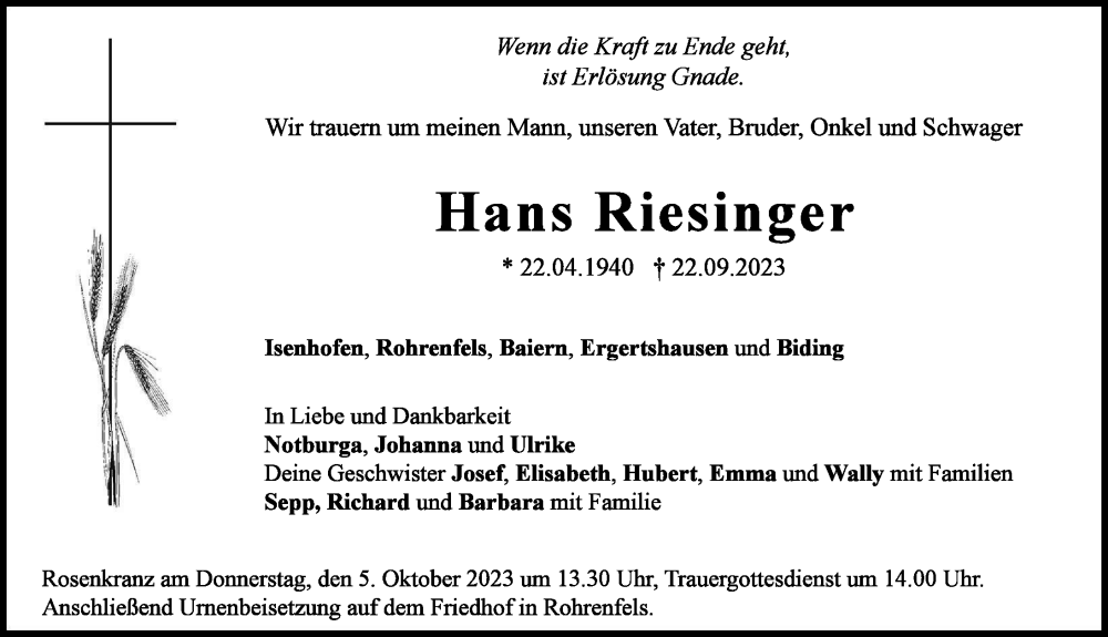  Traueranzeige für Hans Riesinger vom 30.09.2023 aus Neuburger Rundschau