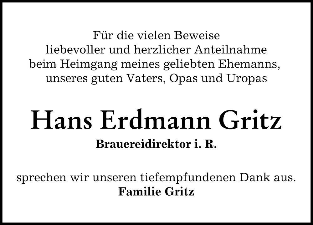 Traueranzeige von Hans Erdmann Gritz von Landsberger Tagblatt