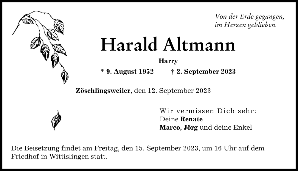 Traueranzeige von Harald Altmann von Donau Zeitung