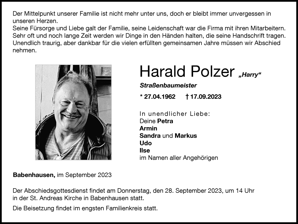  Traueranzeige für Harald Polzer vom 23.09.2023 aus Illertisser Zeitung