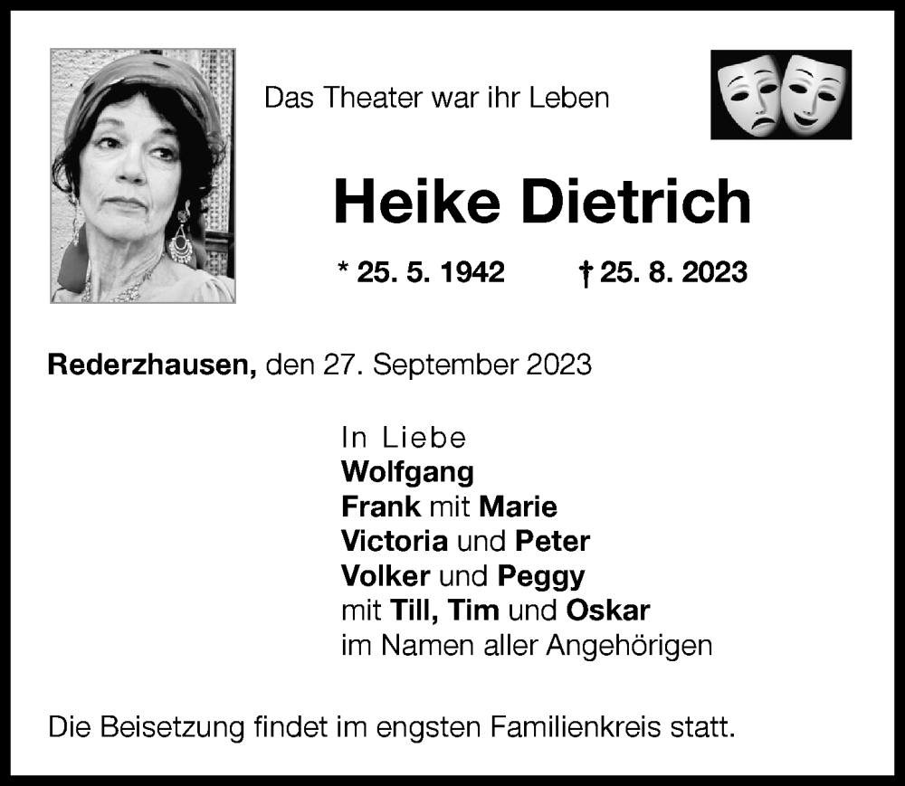  Traueranzeige für Heike Dietrich vom 27.09.2023 aus Friedberger Allgemeine