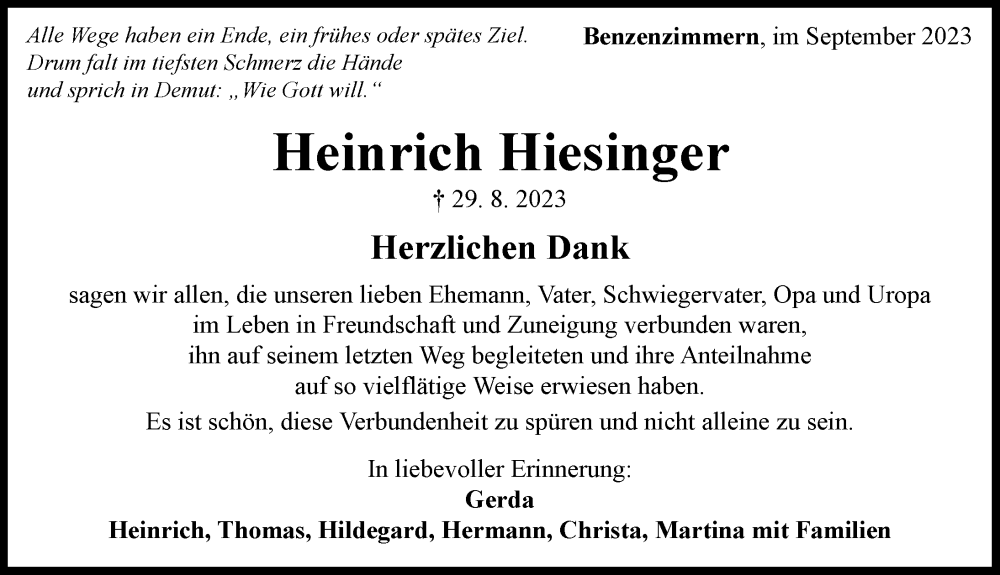 Traueranzeige von Heinrich Hiesinger von Rieser Nachrichten