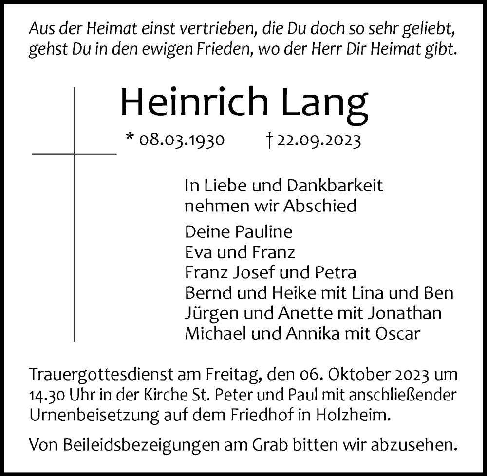  Traueranzeige für Heinrich Lang vom 30.09.2023 aus Neu-Ulmer Zeitung