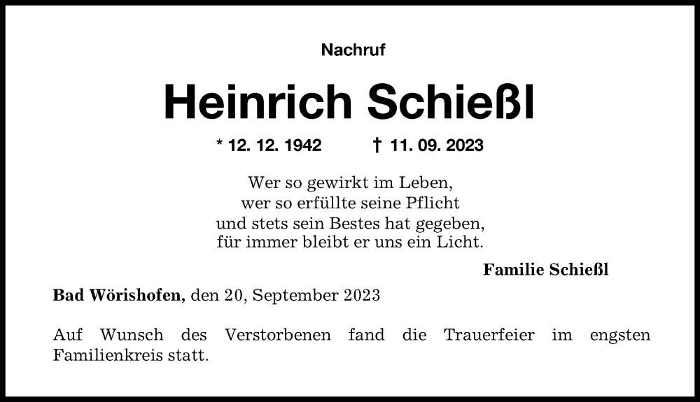 Traueranzeige von Heinrich Schießl von Mindelheimer Zeitung