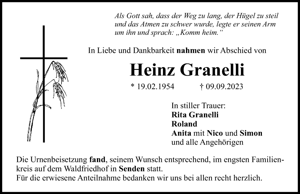 Traueranzeige von Heinz Granelli von Neu-Ulmer Zeitung