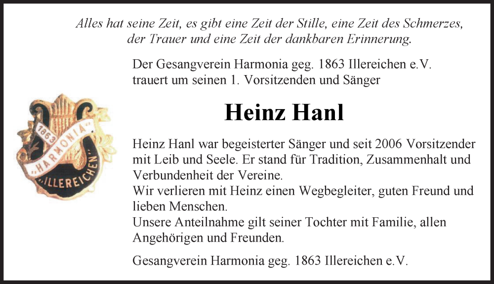  Traueranzeige für Heinz Hanl vom 27.09.2023 aus Illertisser Zeitung