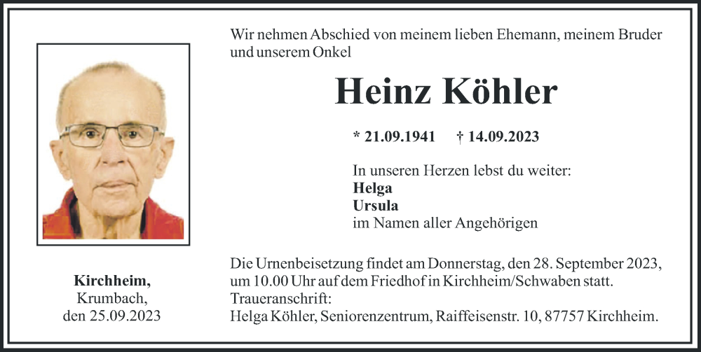  Traueranzeige für Heinz Köhler vom 25.09.2023 aus Mittelschwäbische Nachrichten