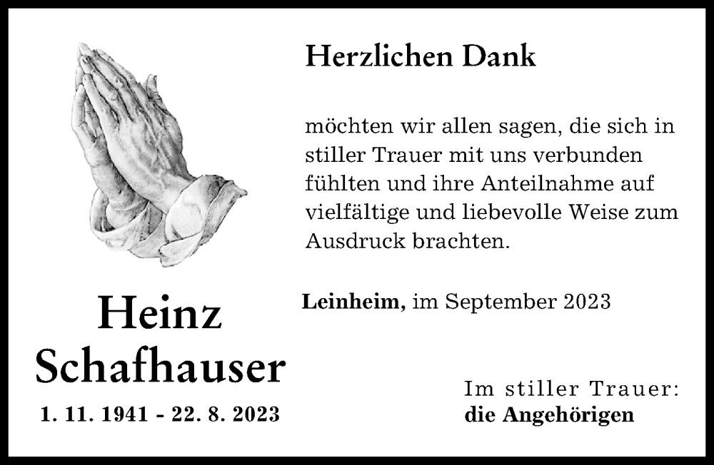 Traueranzeige von Heinz Schafhauser von Günzburger Zeitung