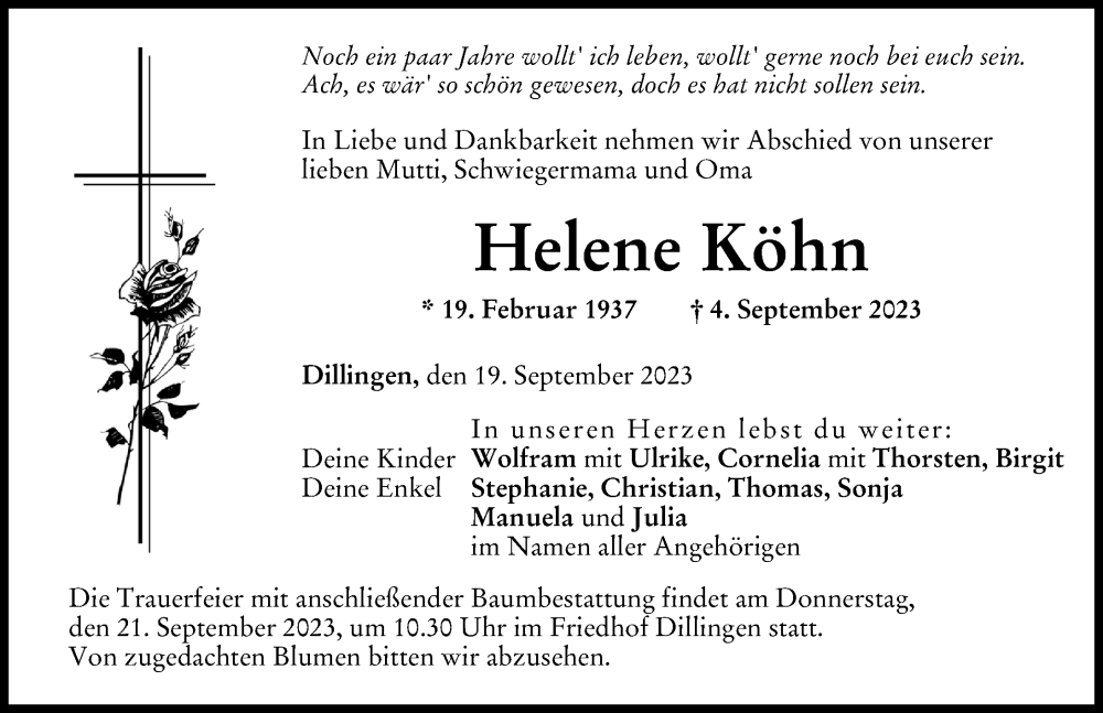  Traueranzeige für Helene Köhn vom 19.09.2023 aus Donau Zeitung