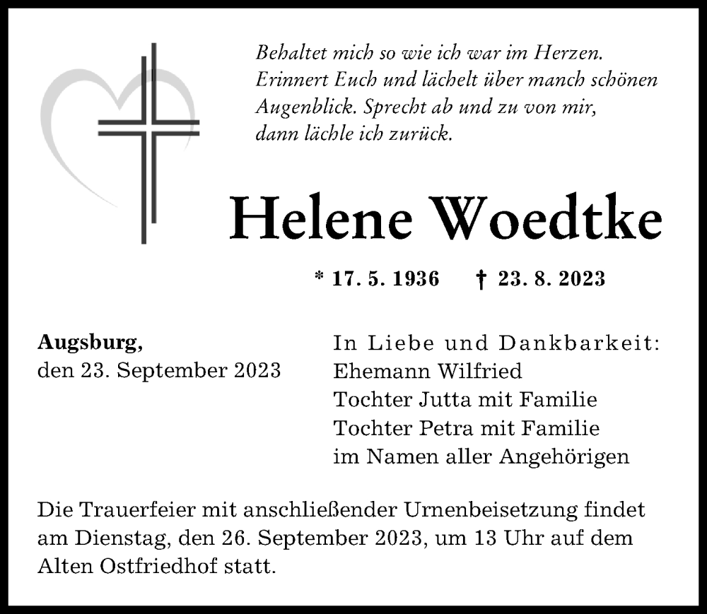  Traueranzeige für Helene Woedtke vom 23.09.2023 aus Augsburger Allgemeine