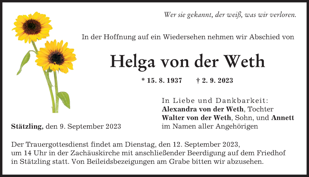 Traueranzeige von Helga von der Weth von Friedberger Allgemeine, Augsburger Allgemeine