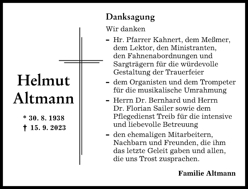  Traueranzeige für Helmut Altmann vom 30.09.2023 aus Landsberger Tagblatt