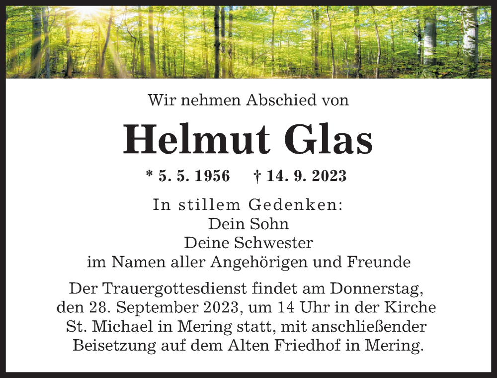  Traueranzeige für Helmut Glas vom 23.09.2023 aus Friedberger Allgemeine