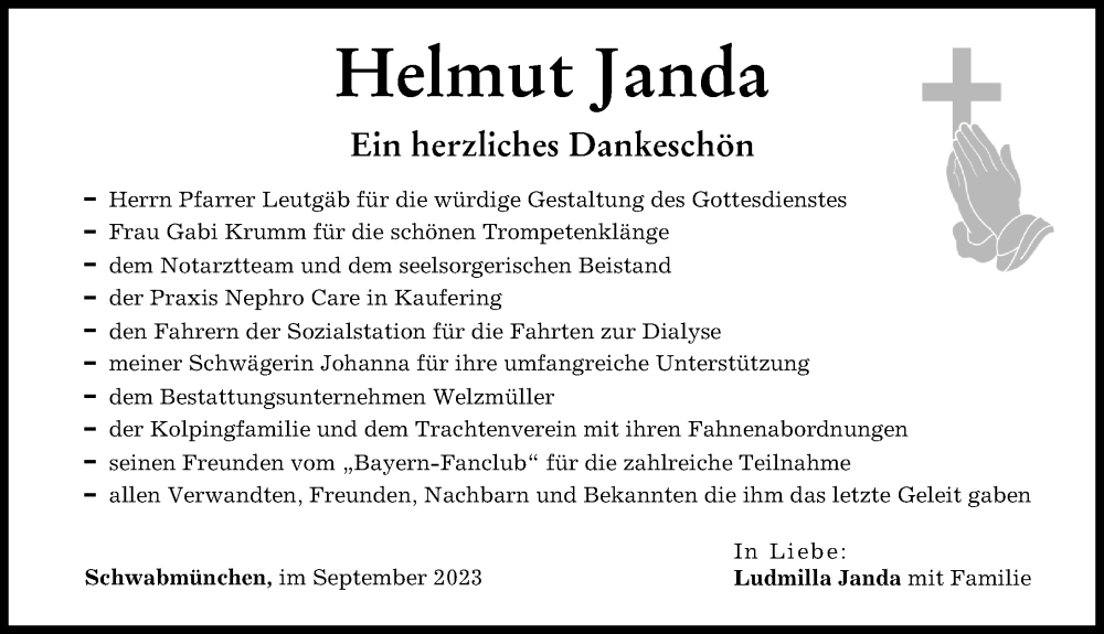 Traueranzeige von Helmut Janda von Schwabmünchner Allgemeine