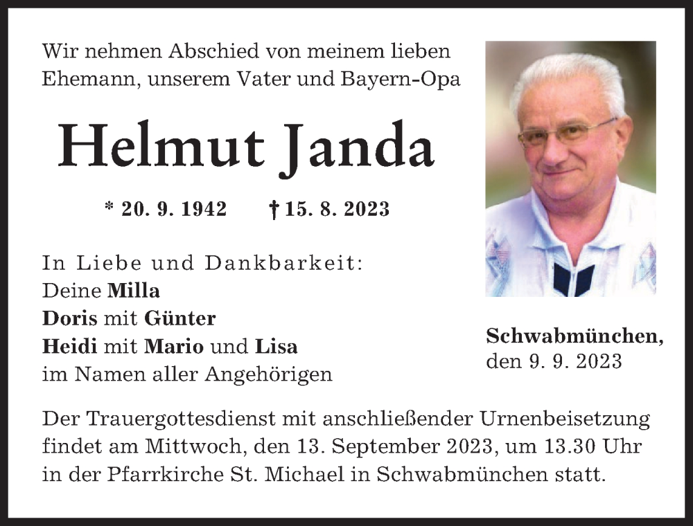 Traueranzeige von Helmut Janda von Schwabmünchner Allgemeine