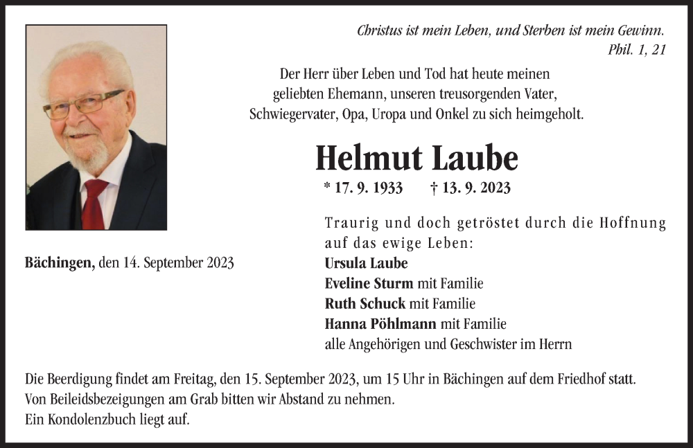  Traueranzeige für Helmut Laube vom 14.09.2023 aus Donau Zeitung