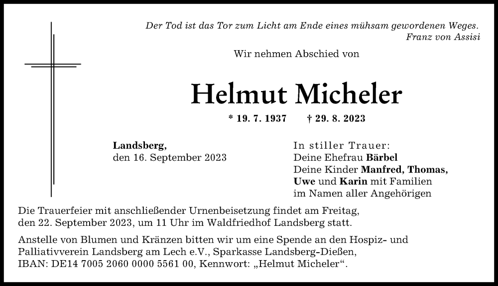 Traueranzeige von Helmut Micheler von Landsberger Tagblatt