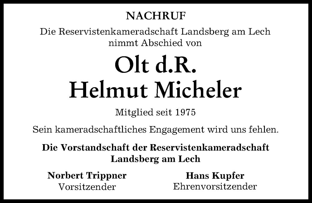 Traueranzeige von Helmut Micheler von Landsberger Tagblatt